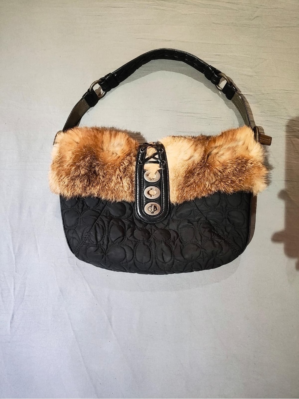 Coach Black Quilted Shoulder Bag with Brown Fur Trim and Gold Hardware